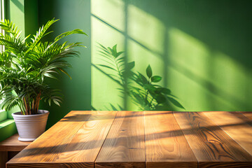 green wall background with sunlight window create leaf shadow on wall with blur indoor green plant foreground.