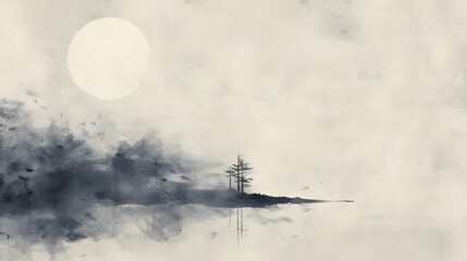 Digital Ink Wash Painting of a Solitary Tree on a Misty Shore with a Full Moon