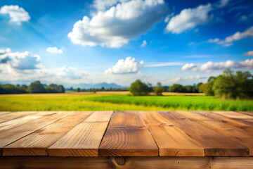 empty wooden brown table top with blur background of farmland and blue sky. Exuberant image