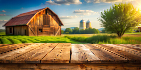 Empty wooden brown table top with blur background of farm and barn.