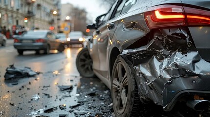 Closeup of Heavily Damaged Car After Accident on Busy Street, Car Collision Scene:  Vehicles in Distress