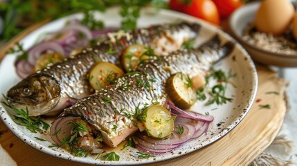 Easter rollmops served with pickled gherkins