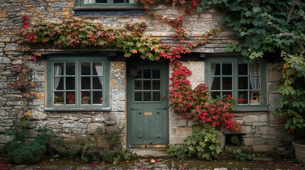Fototapeta na wymiar Timeless Charm of a Rustic Stone Cottage Adorned with Autumn Leaves