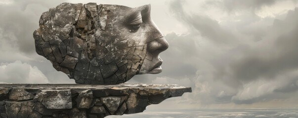 Sculpted stone face on cliff edge under cloudy sky