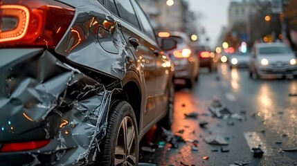 Obraz premium Closeup of Heavily Damaged Car After Accident on Busy Street, Car Collision Scene: Vehicles in Distress