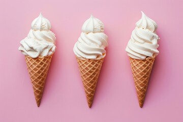 photo of three ice cream cones on a pink background, laid flat, top view, minimal concept, copy space for text or logo, photographed