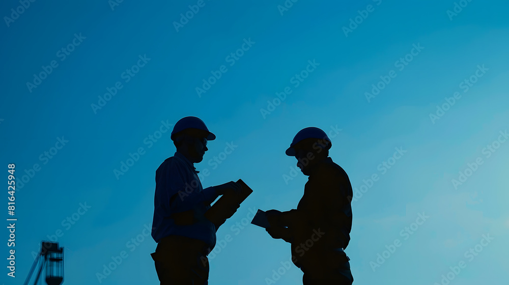 Poster silhouettes of an engineer with a tablet in his hands and a construction worker in a hard hat agains