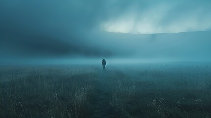Mysterious Figure Walking on a Foggy Path in a Spooky, Surreal Landscape