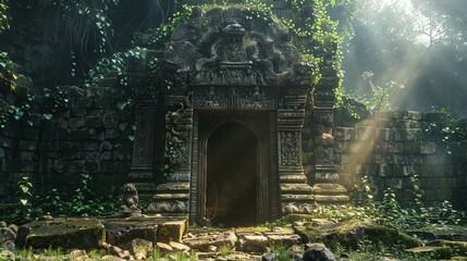 Ancient Temple Entrance Shrouded in Jungle Mystique and Sunlight Beams