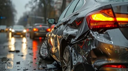 Fototapeta premium Closeup of Heavily Damaged Car After Accident on Busy Street, Car Collision Scene: Vehicles in Distress