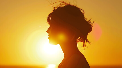 Young womans silhouette during sunset at the coast : Generative AI