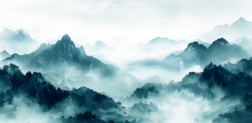 Watercolor landscape, Picture of a pine forest, a blue silhouette of trees and bushes. Blue splash of paint. on texture and transparent background