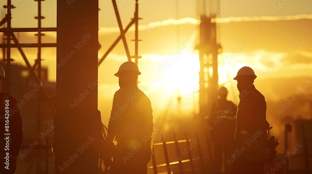 Poster a team of engineers on a construction site pass a blurry construction site at sunset : generative ai