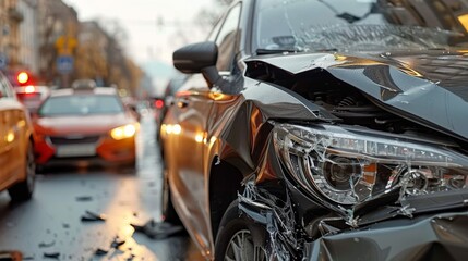 Naklejka premium Closeup of Heavily Damaged Car After Accident on Busy Street, Car Collision Scene: Vehicles in Distress