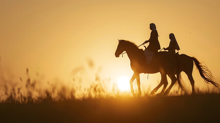 Silhouette of Happy arabian family playing together over sunset : Generative AI