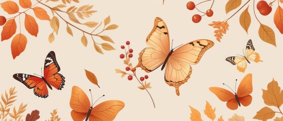 Butterflies flutter among autumn foliage in a golden morning light, creating a dreamy atmosphere. Include acorns, berries, and warm hues to evoke the cozy feel of fall.