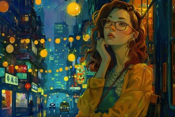 Woman in Vibrant Night City with String Lights
