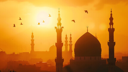 Golden hours sunset reverse light with mosque silhouette and seagulls Mosque Ramadan concept Eid Mubarak Selective focus Open space area : Generative AI