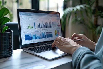 An analyst is compiling reports on a computer in a minimalist and well-structured home office. Simple and minimalist flat Vector Illustration 