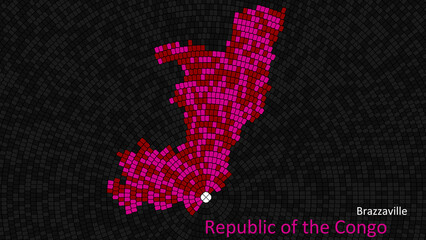 A map of Republic of the Congo is presented as a mosaic with a dark background, and the country's borders are outlined in the shape of a colorful mosaic, centered around the capital city.