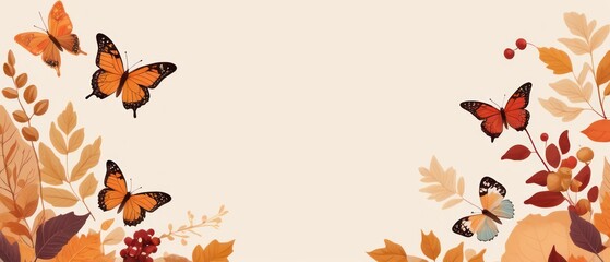 Obraz premium Butterflies flutter among autumn foliage in a golden morning light, creating a dreamy atmosphere. Include acorns, berries, and warm hues to evoke the cozy feel of fall.