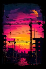 Naklejka premium Vibrant Cityscape at Dusk with Silhouetted Cranes and Neon Hued Sky Symbolizing Progress and Productivity in the Urban Landscape