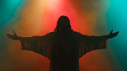 Silhouette of Jesus Christ with outstretched arms on color background back view : Generative AI