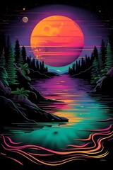Vibrant Synthwave Landscape with Serene Lake and Moonlit Sky