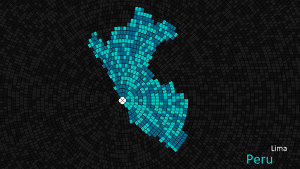 A map of Peru is presented as a mosaic with a dark background, and the country's borders are outlined in the shape of a colorful mosaic, centered around the capital city.