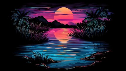Vibrant Synthwave Tropical Landscape with Sunset Reflection on Tranquil Lakeside