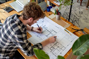 An architect is drafting blueprints at a table in a clean and efficient study nook. Simple and minimalist flat Vector Illustration 