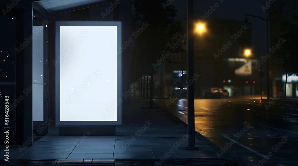 Poster blank white mock up of vertical light box in a bus stop at night : generative ai