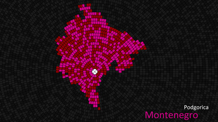 A map of Montenegro is presented as a mosaic with a dark background, and the country's borders are outlined in the shape of a colorful mosaic, centered around the capital city.