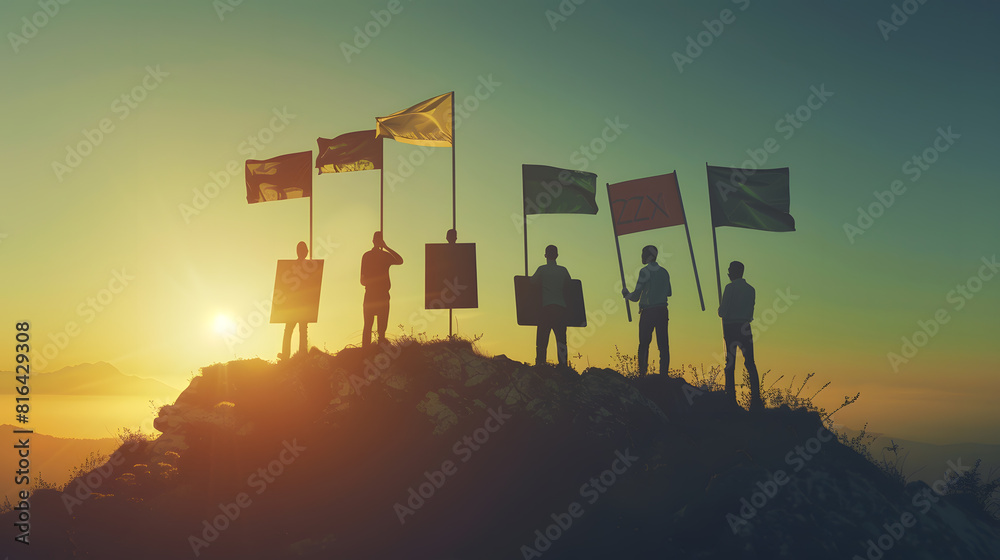 Poster goal setting towards planning for the future silhouettes of group businessmen holding target boards 