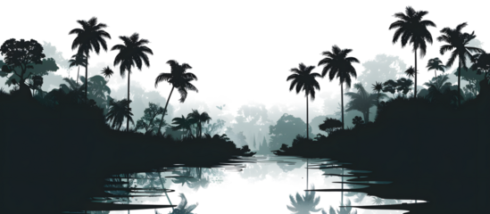 Watercolor landscape, Picture of a pine forest, a blue silhouette of trees and bushes a simple vector art silhouette of a rainforest texture and transparent background