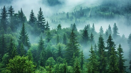 Obraz premium A Mysterious Fir Forest Shrouded in Fog, Inviting Explorers into a Realm of Serenity and Enchantment