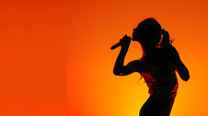 Flyer Silhouette of young female singer isolated on orange gradient studio background in neon light Beautiful shadow in action performing Concept of human emotions expression ad music  : Generative AI