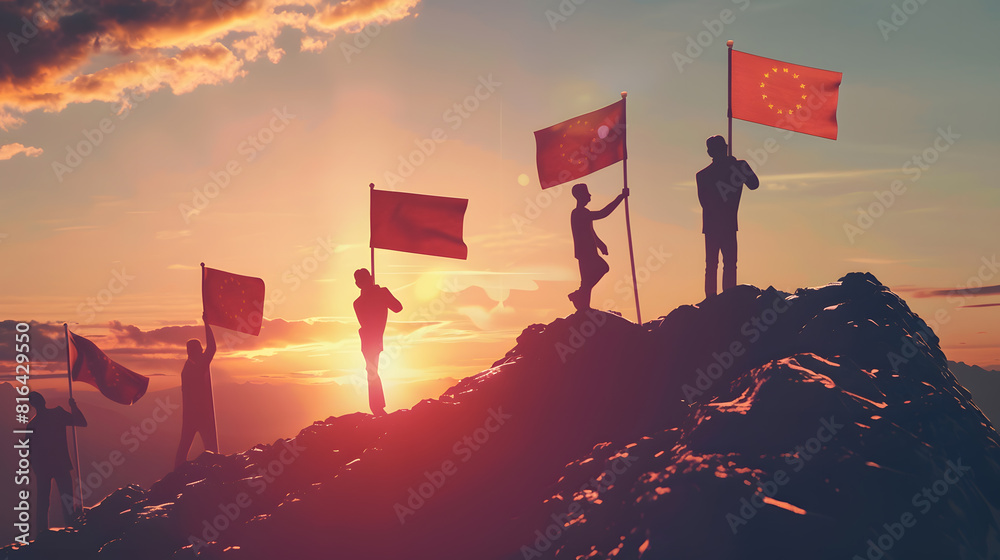 Leinwandbilder Goal setting towards planning for the future Silhouettes of group businessmen holding target boards with flags planted on a mountain Concept of a clear planning process and teamwork : Generative AI