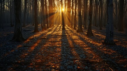 Tranquil Forest at Sunrise with Sunlight Piercing Through Trees