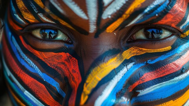 Intricate tribal face paint close-up
