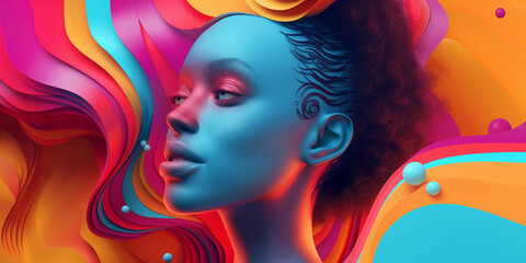 Illustration of a woman's head composed of complex geometric shapes and layers. Digital art, graphics, poster design.