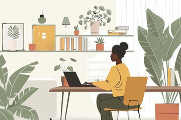 Fototapeta premium An employee is working remotely on a laptop in a minimalist and airy study space