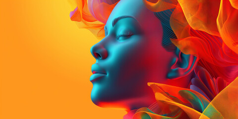 Illustration of a woman's head composed of complex geometric shapes and layers. Digital art, graphics, poster design.