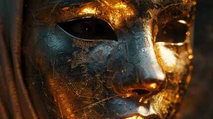 Mysterious Golden Mask Reflecting Sunlight in a Dramatic Close up