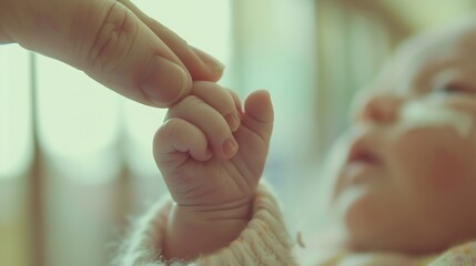 new born baby hand hold mum index finger concept  Premature or preterm baby in hospital relationship between mother and baby : Generative AI