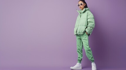 Fashion asian female model in green down jacket and pants White sneakers sunglasses violet background Asian fashion : Generative AI