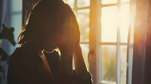 Sad stressed woman silhouette with hand over face next to window : Generative AI