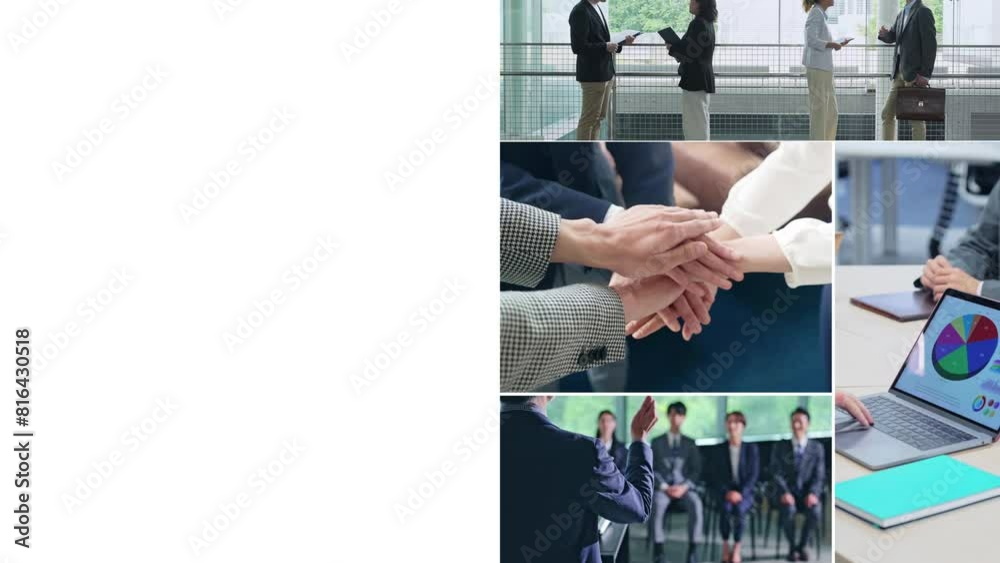 Poster collage video of various business scenes with wipe transition from white background.