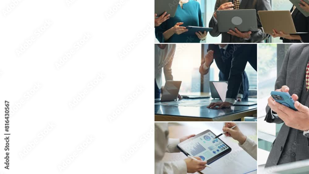 Poster collage video of various business scenes with wipe transition from white background.