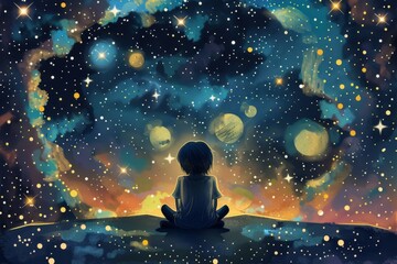 Cartoon cute doodles of a character sitting under a starry sky, contemplating the vastness of the universe and their place in it, Generative AI
